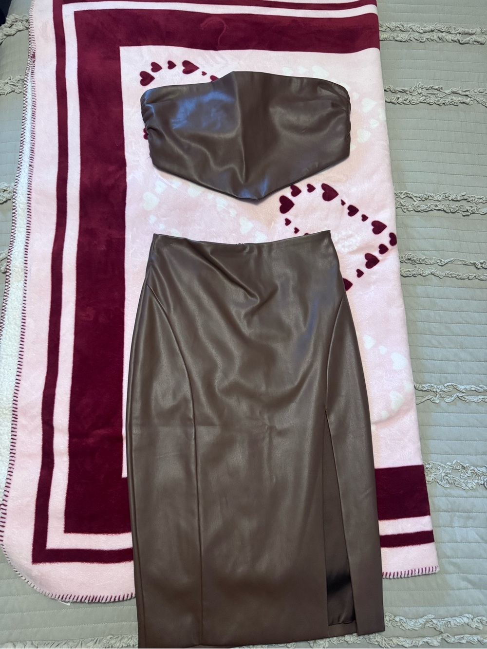Meshki Brown Faux Leather High-Waist Pencil Skirt with Matching Bandeau